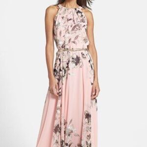 Elisa F women Chiffon sleeveless floral print maxi dress size 10 color Rose
